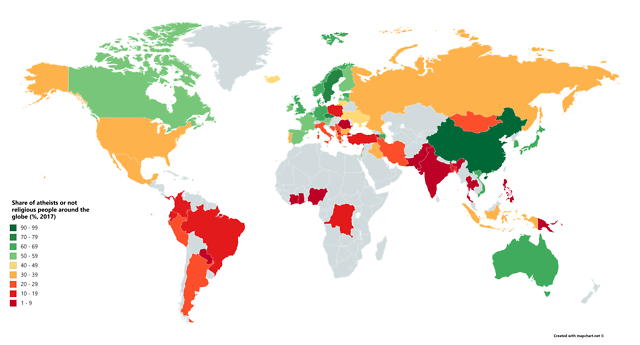 Share of atheists around the globe, 2017. - Maps on the Web