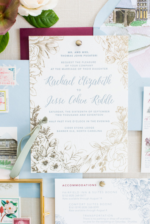 Rachael + Jesse’s lush illustrated foil invitation suite | One and Only Paper Custom Wedding Invitations