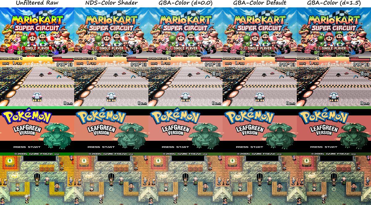 Another comparison of GBA shader color corrections. This time, I don’t have VBA-Color in this comparison. I compare the settings from GBA-Color of darkening setting. Some games looks bright, like...