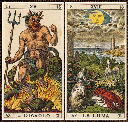 Tarot cards XV: The Devil • XVIII The Moon. Serravalle-Sesia Tarot (1880), based on an earlier pack created in 1835 by the Lombard engraver Carlo Dellarocca • via Bibliothèque Infernale on FB