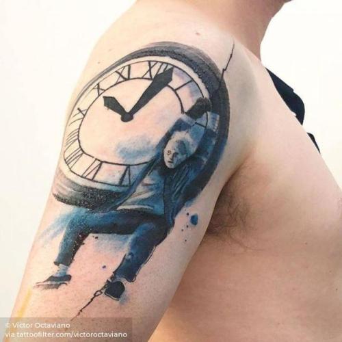 By Victor Octaviano, done at Puros Cabrones Tattoo, Santo André.... back to the future;big;clock;dr emmett brown;facebook;fictional character;film and book;other;patriotic;shoulder;twitter;united states of america;upper arm;victoroctaviano;watercolor
