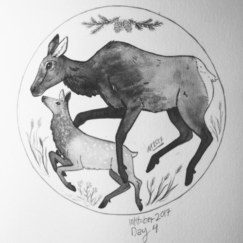 a somewhat stylized elk and her calf(brush & india ink,...