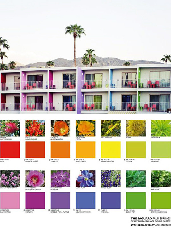This modernist resort in Palm Springs takes inspiration from native Mojave wildflowers: lilies, californian poppies, sunflowers, desert globemallow were turned into saffron umbrellas, magenta sofas, green, blue and lime-colored walls. Each room...