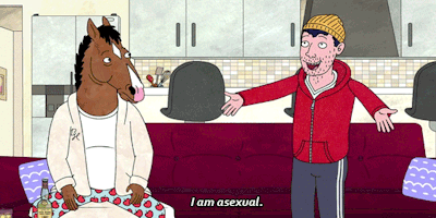 Gif of Todd, a white man with stubble, blue hair, a yellow beanie, a red hoodie and gray jogger trousers with white stripes, telling Bojack, a brown, anthropomorphic horseman, in pajamas, "I am asexual." as he holds out his arms, from the show Bojack Horseman