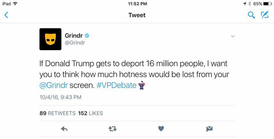Since there really was no highlight for me in the #VPdebate, I thought I would instead share this tweet from Grindr in response to the discussion on immigration.
Instead of pointing to trauma caused by deportation, the US policies in Latin America...