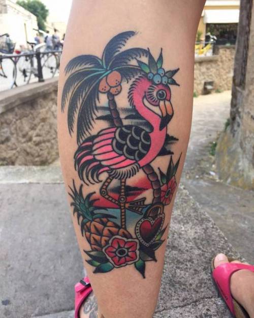 By Kim-Anh Nguyen, done at Seven Seas Tattoos, Eindhoven.... healed;calf;kim anhnguyen;traditional;animal;bird;facebook;twitter;flamingo;medium size;other
