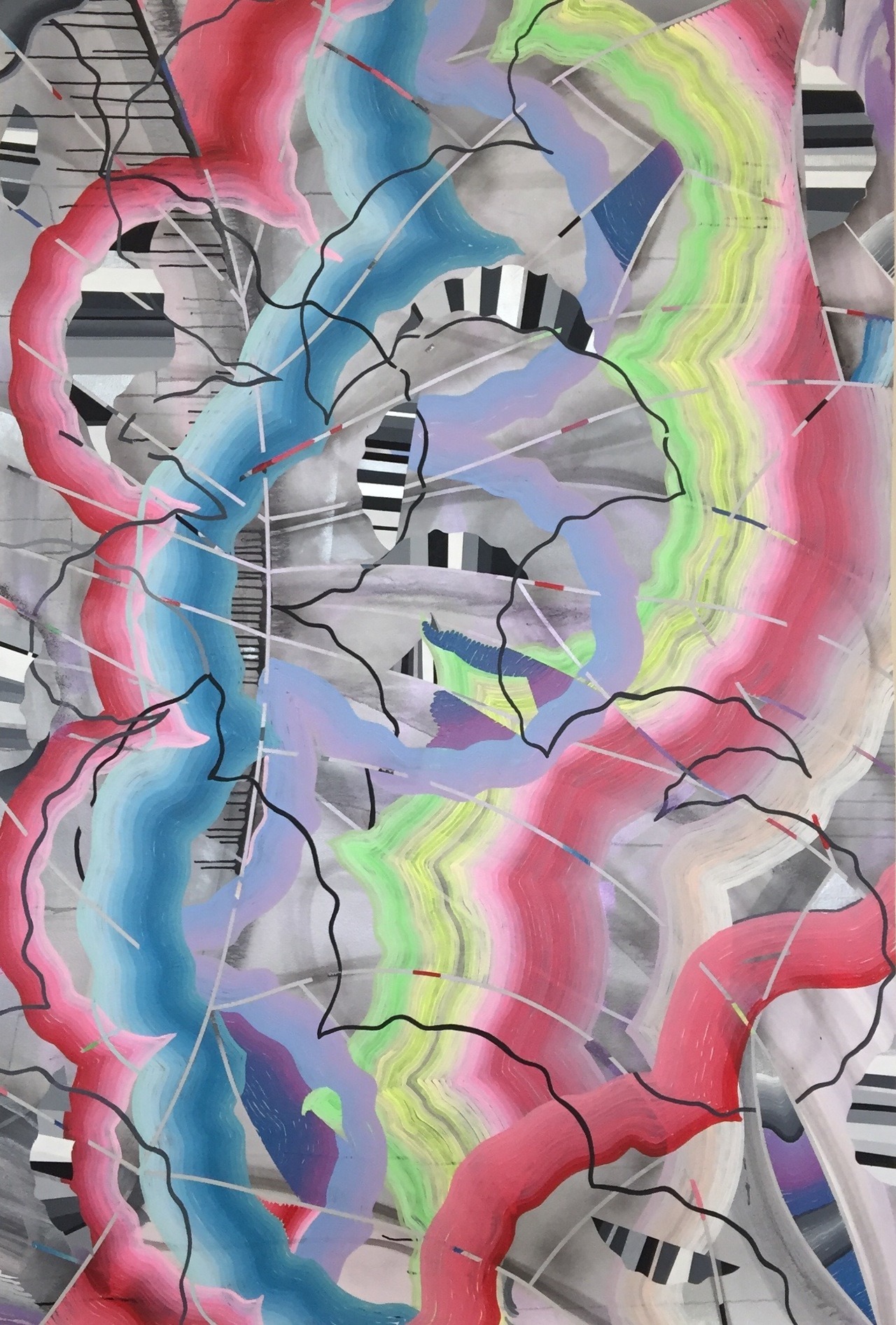 Untitled for now, acrylic and spray paint on canvas, 72″x48″, 2019
