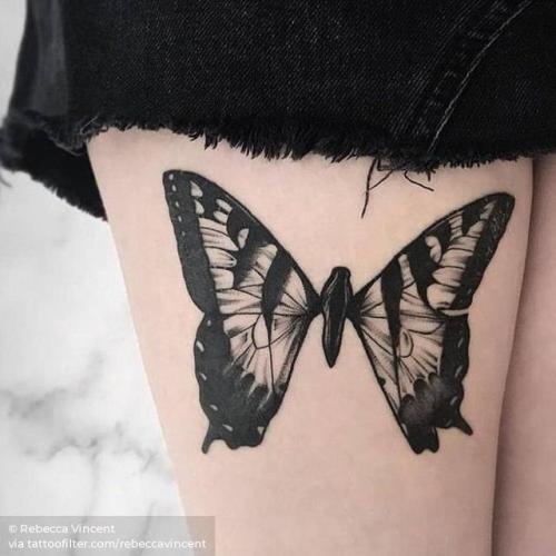By Rebecca Vincent, done at Parliament Tattoo, London.... insect;rebeccavincent;big;butterfly;animal;thigh;facebook;blackwork;twitter