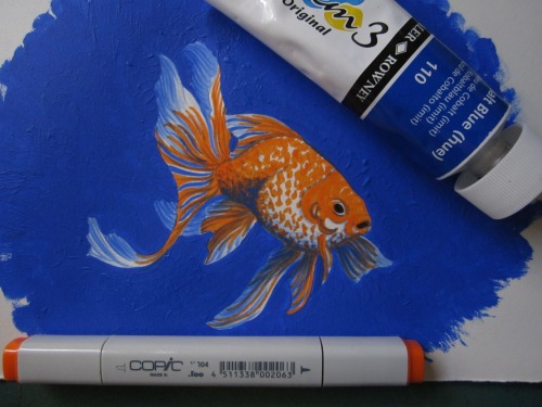 patt3y: “August artsnacks here! A great box all around this time and I LOVE the bag! It’s huge and holds all my watercolors now with room to spare, yay! I love it when I get mailed contrasting colors and decided to paint a goldfish for this month....