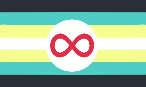 The autistic flag by tumblr user autisticinsect, it has a dark gray stripe a teal stripe a yellow stripe and a white stripe and then the yellow teal and gray stripes again and in a white circle is a faded red neurodvergent/infinity symbol.