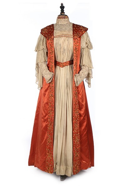 fashion history historical costume tea gown Liberty & Co. satin copper watteau pleats 1890s 19th century