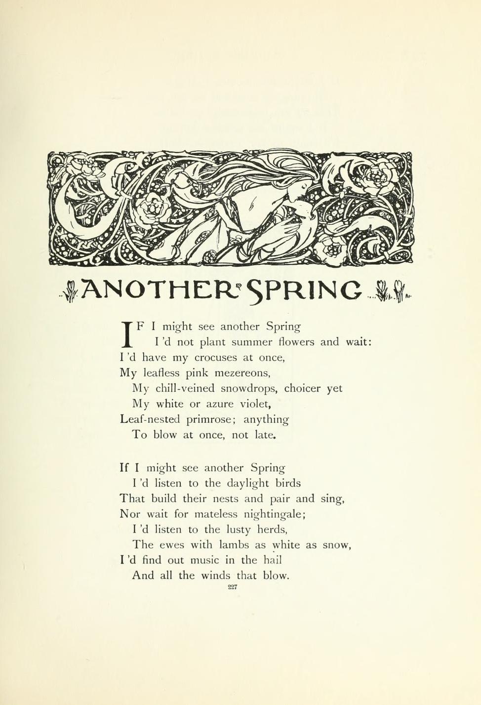 First verses of Another Spring by Christina Rossetti, illustrated by Florence Harrison.