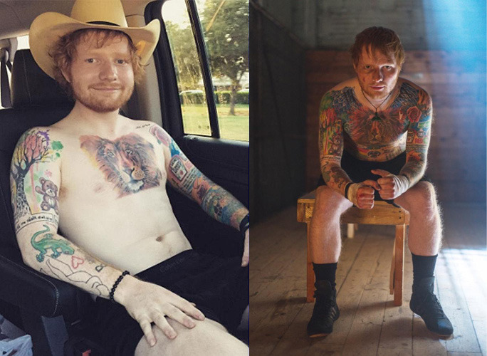 Ed Sheeran topless showing his tattoos