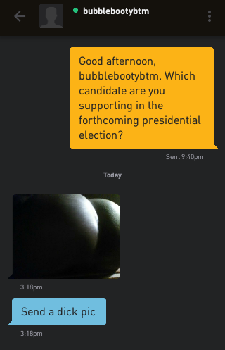 Me: Good afternoon, bubblebootybtm. Which candidate are you supporting in the forthcoming presidential election? bubblebootybtm: [a photo of his bubble booty] bubblebootybtm: Send a dick pic