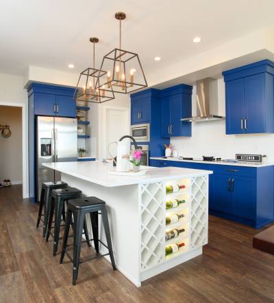 Kitchen  Blue Painted Cabinetry  Neat Backlit Wine Cubbies [3265 x 3600]