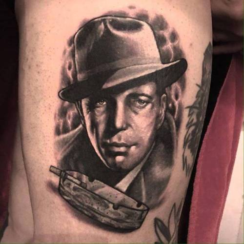 By Young Woong Han, done at Rose of No Man’s Land, Berlin.... black and grey;youngwoonghan;patriotic;big;united states of america;character;thigh;humphrey bogart;facebook;twitter;portrait;neotraditional