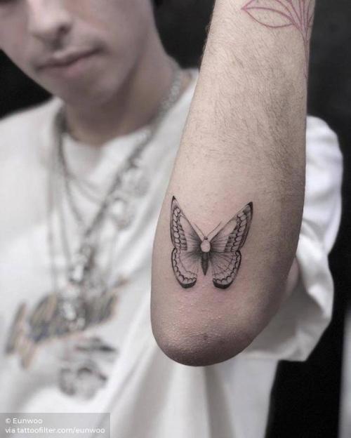 By Eunwoo, done at West 4 Tattoo, Manhattan.... insect;small;single needle;eunwoo;butterfly;animal;facebook;forearm;twitter