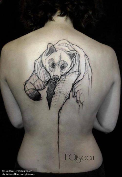 By L'oiseau · Franck Soler, done at Faubourg Tattoo Club,... sketch work;bear;big;animal;back;facebook;twitter;loiseau