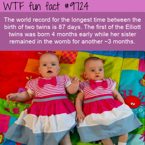 Iterestinf random fact:The world record for the longest time between the birth of two twins is 87 days. The first of the Elliott twins was born 4 months early while her sister remained in the womb for another ~3 months.