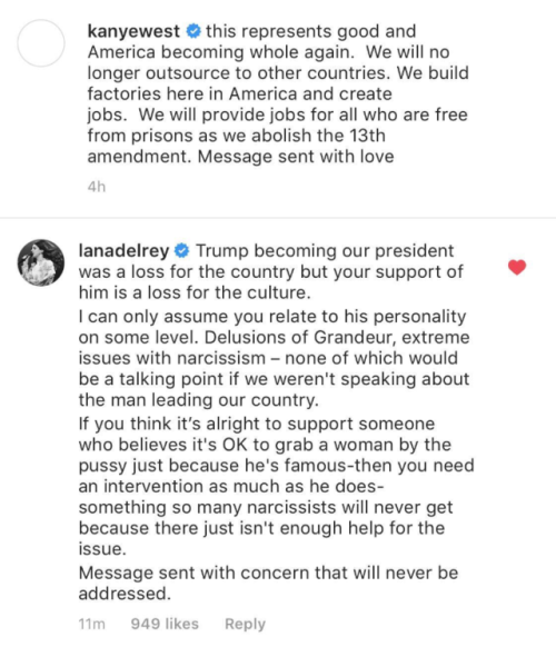 lanasdaily:Lana Del Rey comments on Kanye West’s Instagram post