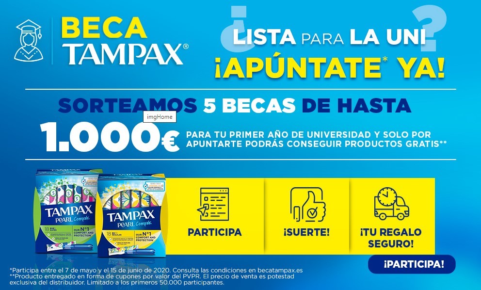 Tampax sortea 5 becas de hasta 1.000€ para tu primer año de universidad y además solo por apuntarte podrás conseguir productos gratis