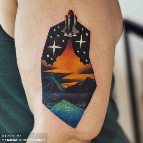 By David Côté, done at Imperial Tattoo Connexion, Montreal.... contemporary;davidcote;facebook;medium size;pop art;rocket;spacecraft;space shuttle;travel;twitter;upper arm