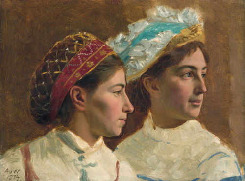 painting art portrait Anton von Werner women pair sisters profile hat hood 1800s 1870s tracht costume