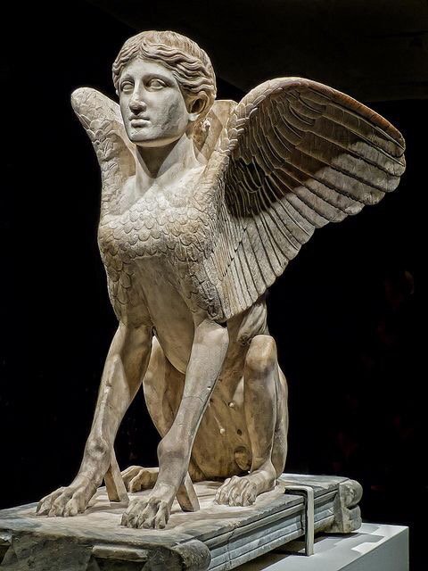 deus-est-geometra:
“  Roman marble Sphinx statue dated to c.120-40 AD, found in a villa at Monte Cagnolo (On display British museum)
”