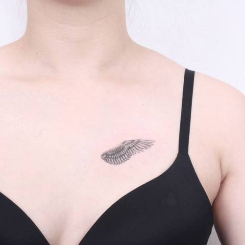 By Hyoa tattooer, done in Seoul. http://ttoo.co/p/74601 small;wing;single needle;chest;tiny;ifttt;little;hyoa;religious