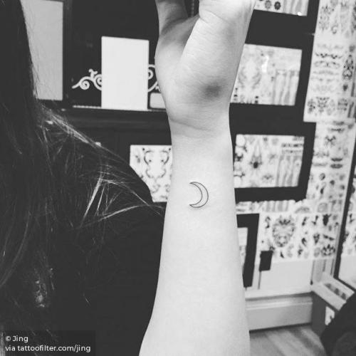 By Jing, done at Jing’s Tattoo, Queens.... jing;small;astronomy;micro;line art;tiny;ifttt;little;wrist;crescent moon;minimalist;moon;fine line