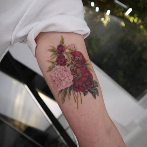 By Eva krbdk · Havva Karabudak, done at Bang Bang Tattoo SoHo,... healed;flower;small;evakrbdk;inner arm;tiny;ifttt;little;nature;medium size;other;illustrative;peony
