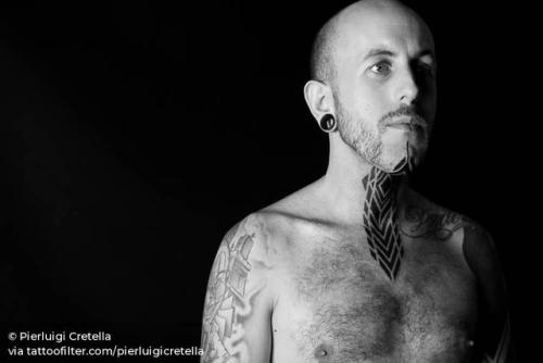By Pierluigi Cretella, done at Meatshop Tattoo, Barcelona.... face;pierluigicretella;dotwork;big;facebook;blackwork;twitter;geometric;neck