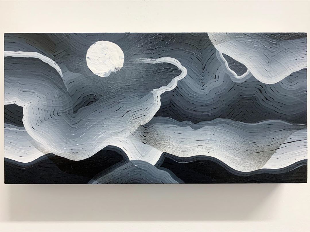 Sleepless acrylic, spray paint on panel 12x6in 2020 #painting #contemporarypainting #skyscape #mindscape #moon #insomnia #restlessness #artinchicago #calmbeforethestorm #sleepless #jamesjankowiak #contemporaryartist #chicagoartist #smallpainting (at Mana Contemporary)