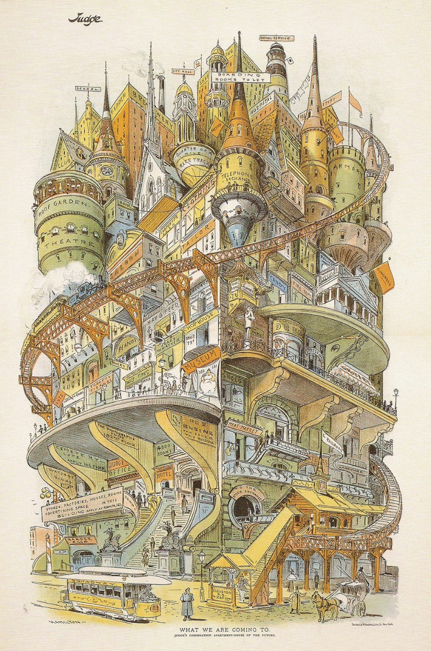 endlesssehnsucht:
“What we are coming to: Judge’s combination apartment-house of the future (Grant E. Hamilton, 1895).
Satirical Judge Magazine published this at a time of concern about overcrowding in cities.
Source https://ift.tt/2RJwhLF
”