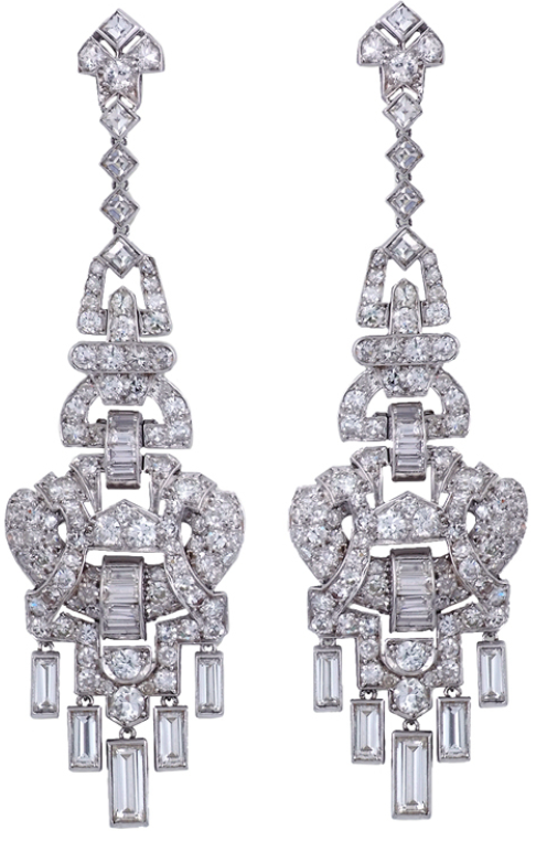 Diamonds in the Library — A Pair of Art Deco Diamond Ear Pendants. Each...