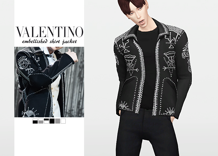 Valentino Embellished Shirt Jacket• New mesh / EA mesh edit
• Category: top (men)
• Age: teen / young adult / adult / elder
• 6 swatches
Download: SimFileShare | Dropbox