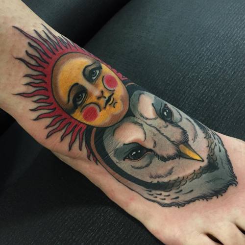 Tattoo tagged with: foot, ankle, owl, sun