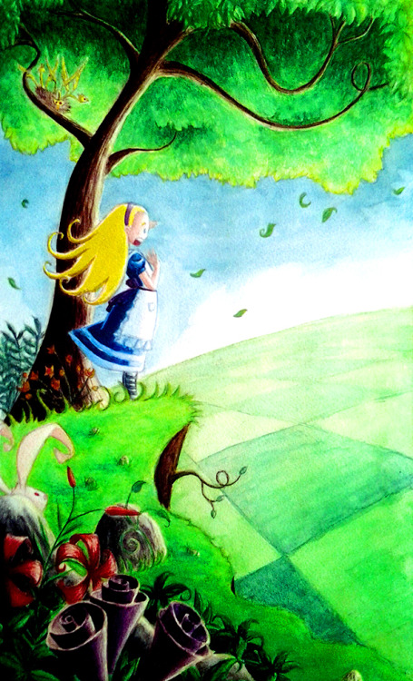 Alice surveys the Looking-Glass World in an illustration by Diego Henrique G for Carrollâ€™s Through the Looking-Glass.