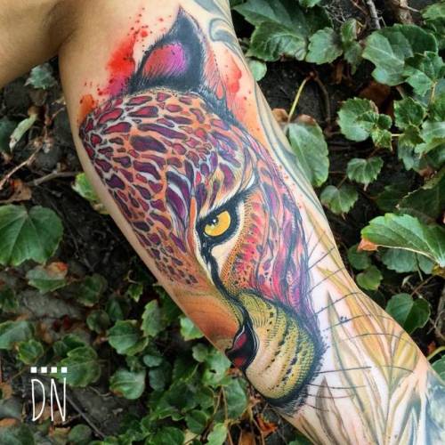 By Dino Nemec, done at Lone Wolf Private Tattooing Studio,... dinonemec;sketch work;feline;inner arm;big;animal;watercolor;facebook;twitter;jaguar;illustrative