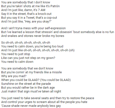 Taylor Swift Calm Down Lyrics What Does Need To Calm By