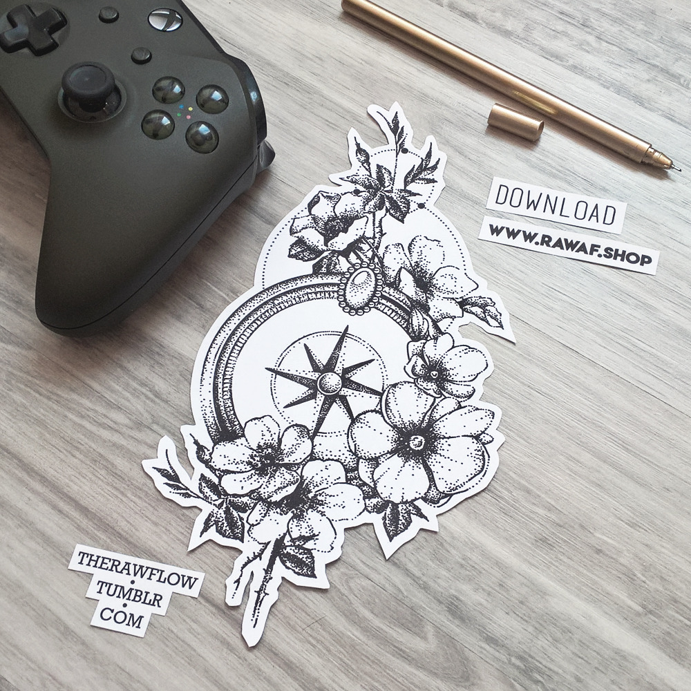 Custom dotwork tattoo design: compass and wildflowers by raw — Immediately post your art to a topic and get feedback. Join our new community, EatSleepDraw Studio, today!