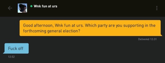 Me: Good afternoon, Wnk fun at urs. Which party are you supporting in the forthcoming general election?
Wnk fun at urs: Fuck off