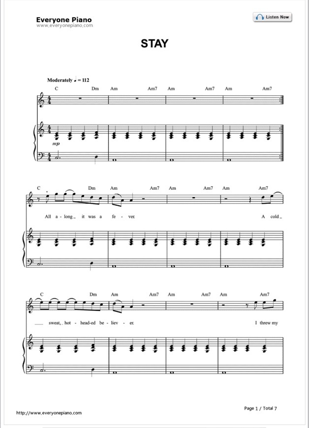 Piano Sheet Music — Stay - Rihanna ft. Mikky Ekko (Piano Sheet)