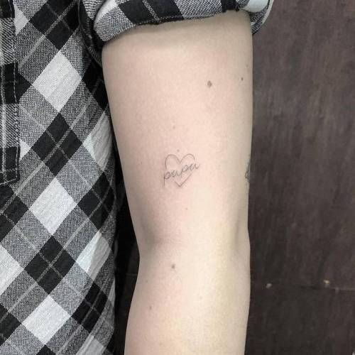 By Joey Hill, done at High Seas Tattoo Parlor, Los Angeles.... small;micro;papa;joeyhill;love;ifttt;little;french;minimalist;tiny;word;banner;other;heart and banner;upper arm;fine line;french word;heart;line art;languages