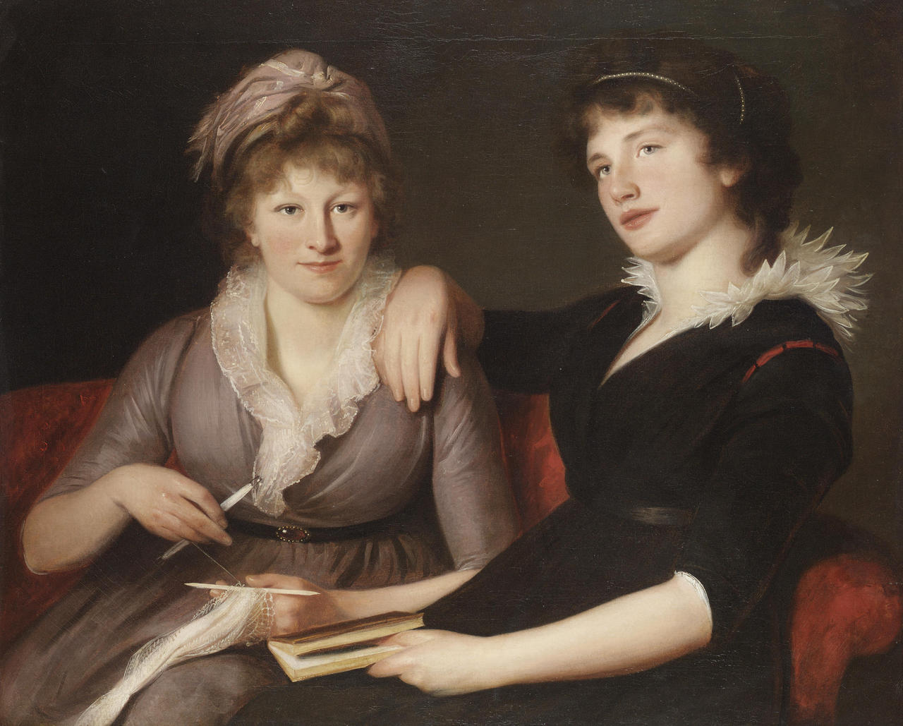 Portrait of two women, half length, seated, one in a brown dress crocheting, the other in a black dress, holding a book. Attributed to John James Masquierier (English, 1778-1855). Oil on canvas.
Masquerier returned from Paris to London, where he...