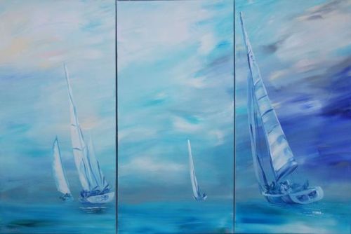 Blue Seascape with yachts racing S054 Large paintings...