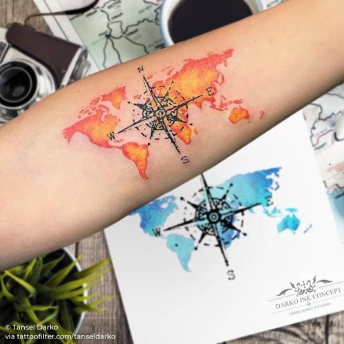 By Tansel Darko, done at Darko Ink Concept, Istanbul.... nautical;graphic;tanseldarko;world map;travel;compass rose;map;facebook;twitter;inner forearm;medium size