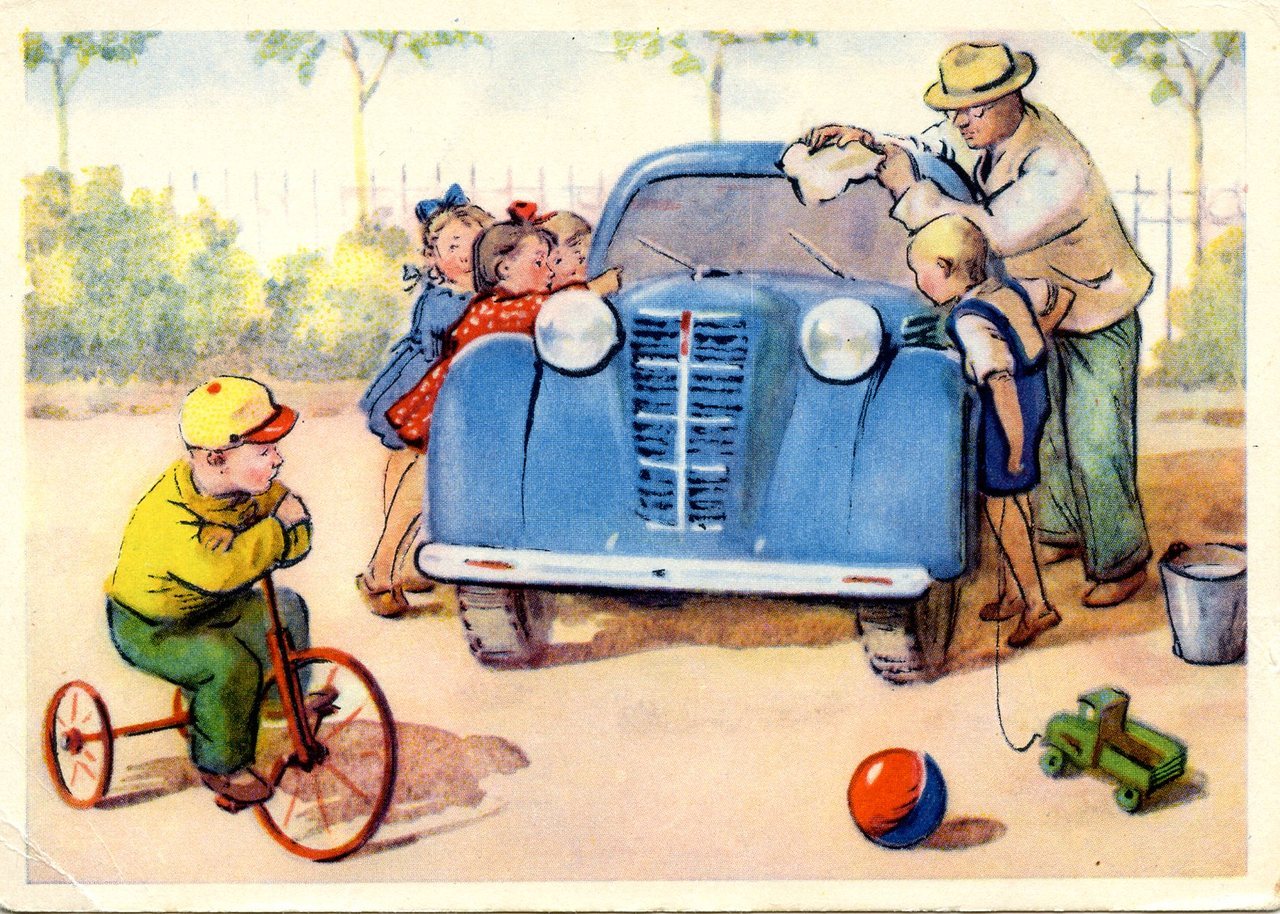 “New car”, postcard by N. Bryulin (1956)