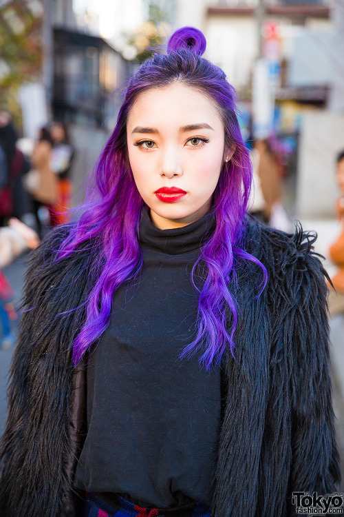 Nanako on the street in Harajuku with purple hair,... | Tokyo Fashion
