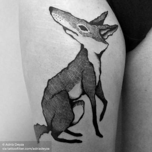 By Adrià Deyza, done at Unikat Tattoos, Berlin.... film and book;fox;the little prince;big;animal;adriadeyza;thigh;facebook;blackwork;twitter;illustrative